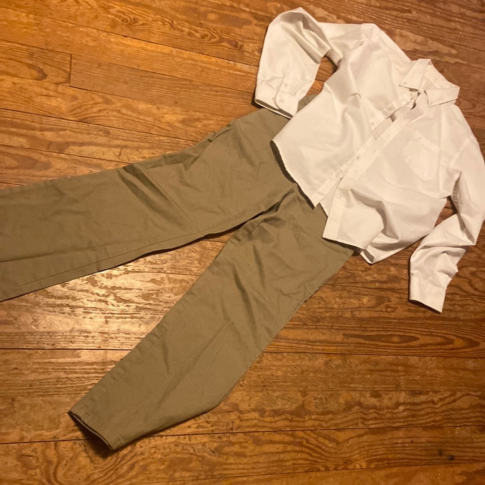 Khaki pants and white button down shirt. Essentials for wardrobe!